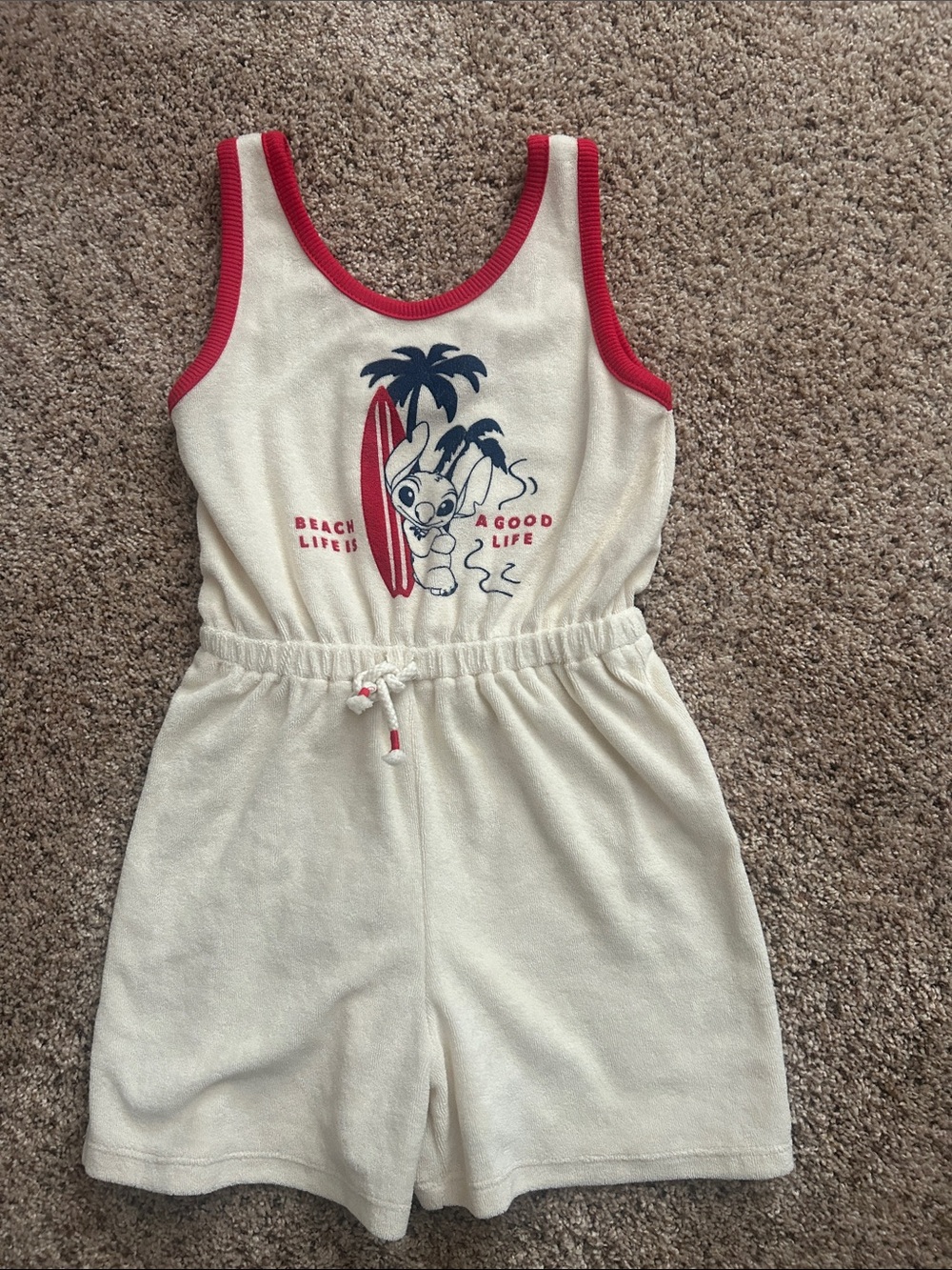 Zara Disney Stitch Cream Terry Romper with Red and Navy Surf Graphic